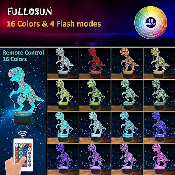 3D Illusion Night Light, LED bordslampor, Dinosaur Night Sky, 16 färger USB Charging Light Up B