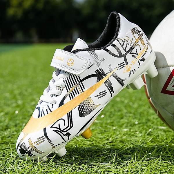 Pojkar Flickor Fotbollsskor Ankel Fotbollsskor Grästräning Sport Skor Sneakers Yjx157A WhiteGold 33