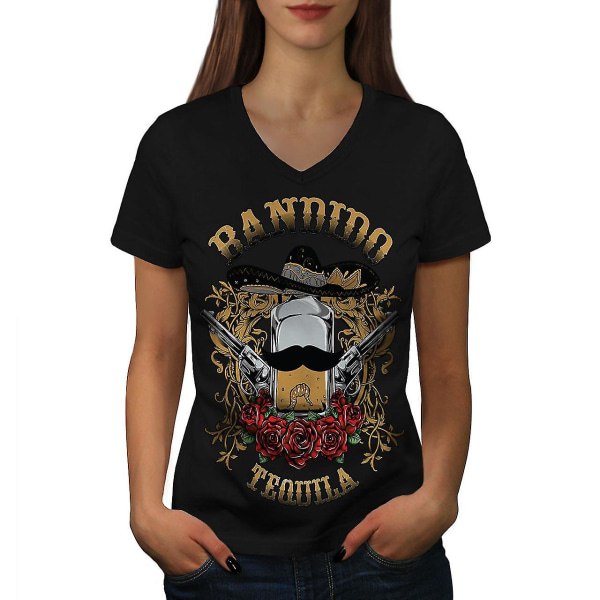 Bandido Tequila Rose Dam T-shirt med svart v-ringad hals L