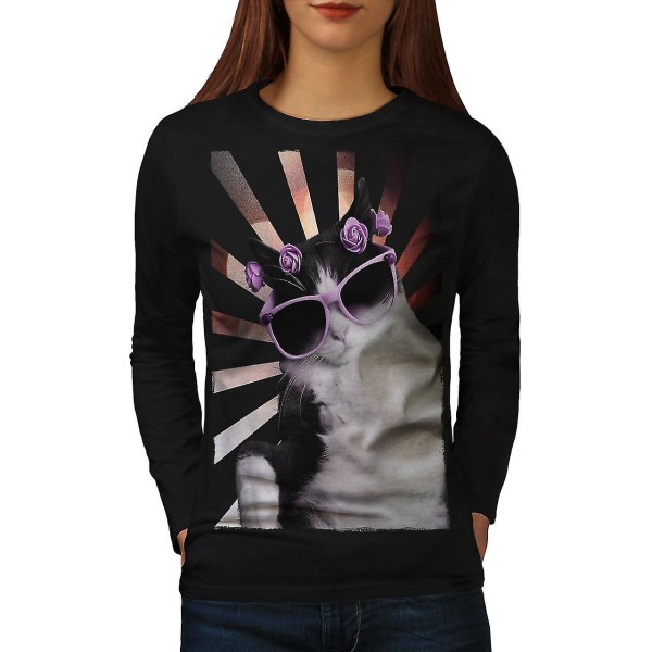 Kattglasögon Blomma Långärmad T-shirt för kvinnor L