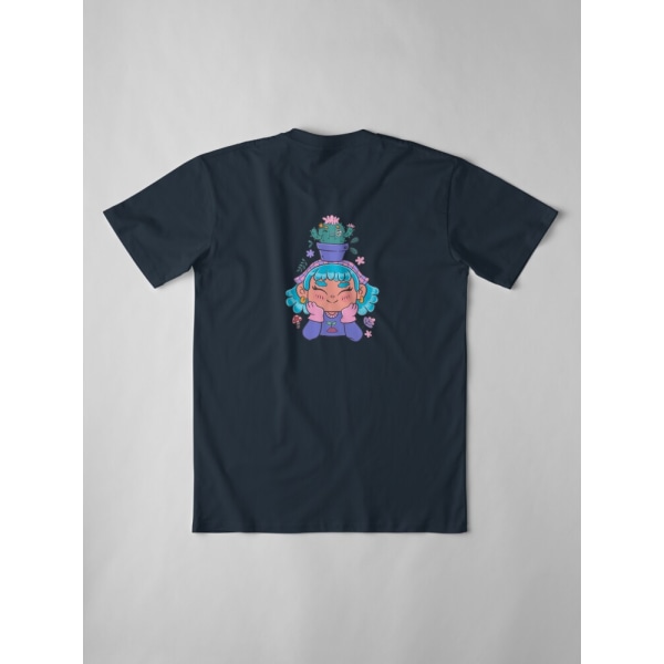 Söt och leende trädgårdsmästarflicka med kaktus och små växter kawaii Premium T-shirt Navy M_Back