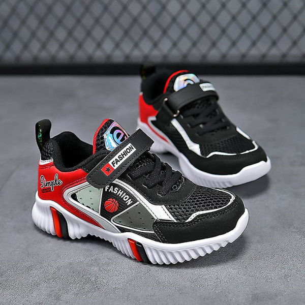 Sneakers för barn för pojkar, flickor, löpning tennisskor, lätt andas, sport, atletisk 3B585 BlackRed 28