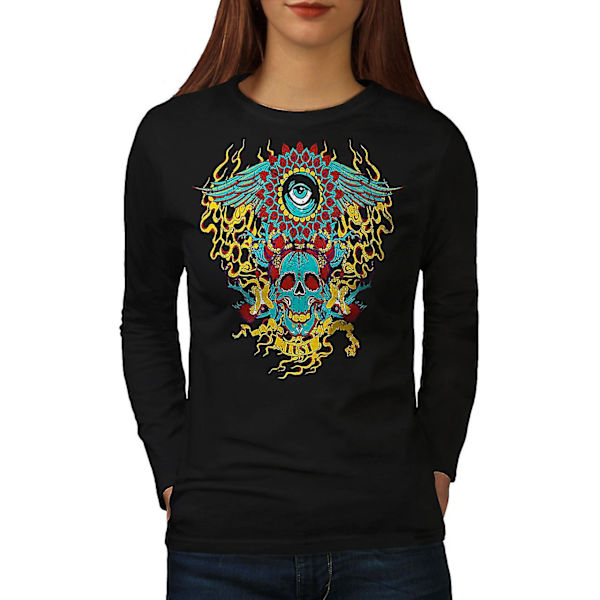 Hjärta Flame Eye Skull Kvinnor Svart Långärmad T-shirt | Wellcoda M
