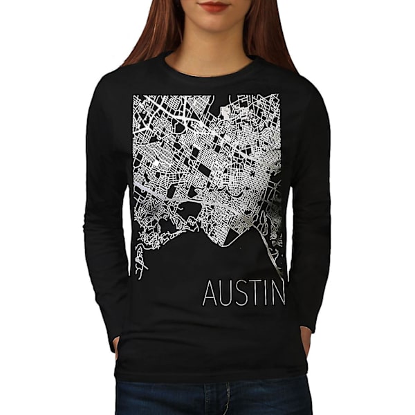 Austin Stadskarta Mode Kvinnor Svart Långärmad T-shirt | Wellcoda L