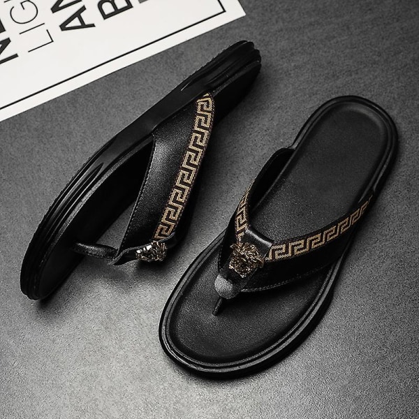Herrflip-flops Läder Casual Sandaler Tofflor Mode Trend Strandskor 20223 Black 41