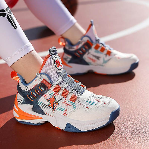 Basketskor för pojkar Mode Halkfria sneakers Sportskor som andas 3B2330 WhiteOrange 34