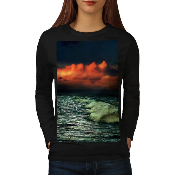 Dark Sea Wave Dawn Svart långärmad T-shirt för kvinnor M
