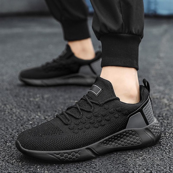 Sneakers för flugvävning för män Andas löparskor Mode sportskor 3A1011 Black 41