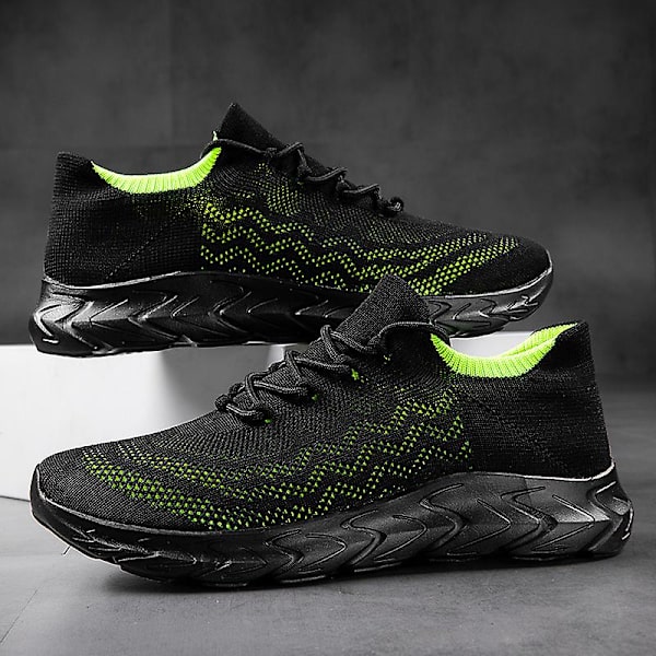 Sneakers för flugvävning för män Andas löparskor Mode sportskor 3A836 BlackGreen 41