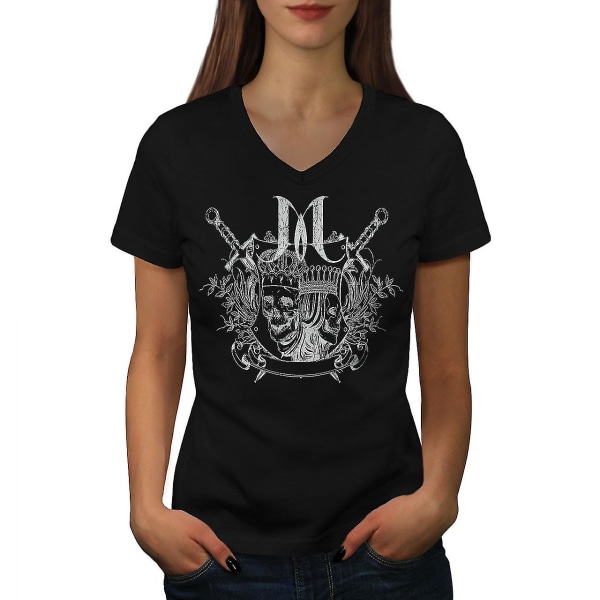 Royal King Queen Skull Dam T-shirt med svart v-ringad hals S