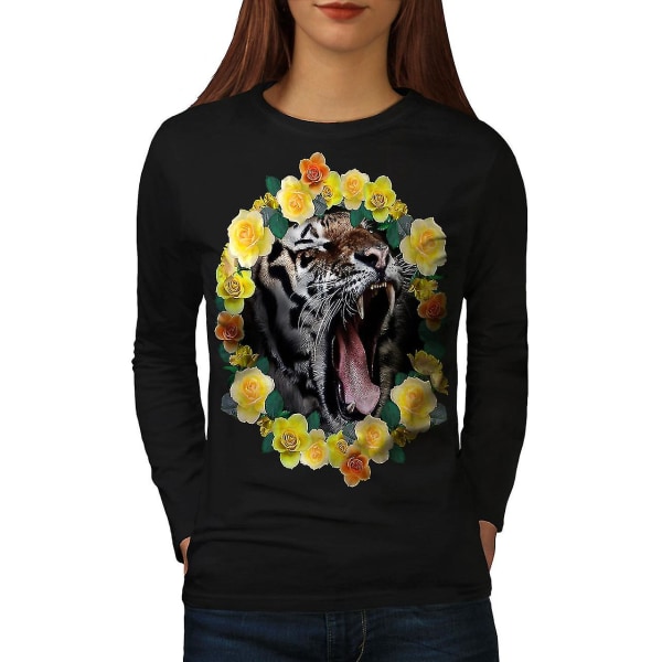 Tiger Flowers Svart Långärmad T-shirt för kvinnor L