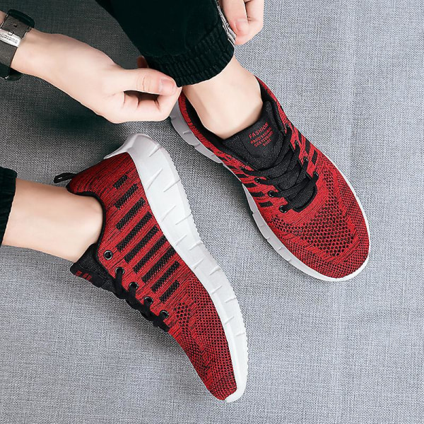 Sneakers för flugvävning för män Andas löparskor Mode sportskor 3A707 Red 39