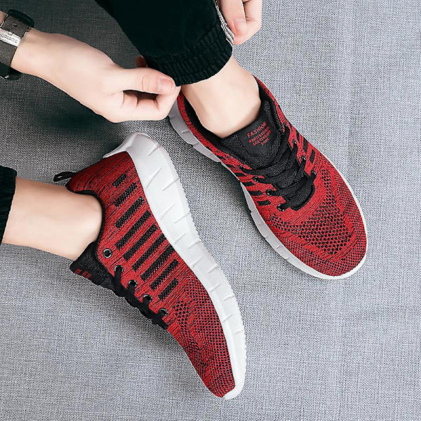 Sneakers för flugvävning för män Andas löparskor Mode sportskor 3A707 Red 44