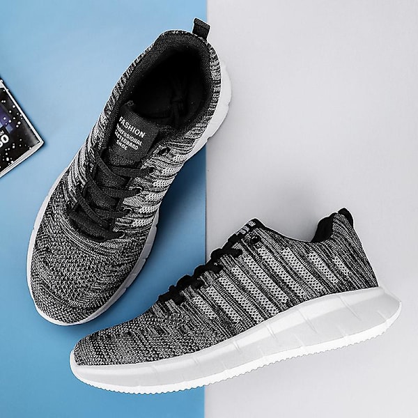 Sneakers för flugvävning för män Andas löparskor Mode sportskor 3A707 Gray 41