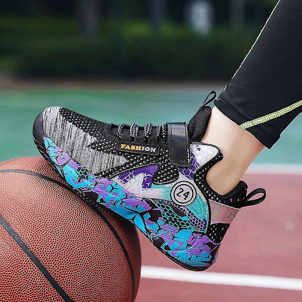 Basketskor för barn Mode Pojkar Flickor Sneakers Andas Sportskor 2202 BlackPurple 34