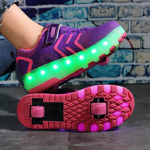 Barnsneakers Dubbelhjulsskor Led Light Skor för flickor 2101 Purple 30