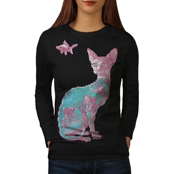 Cat Fish Art Cool kvinnor svart långärmad T-shirt S