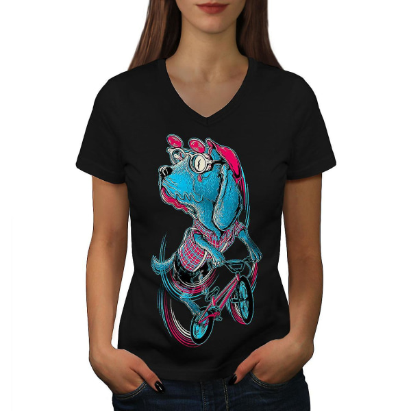 Hippie Dog Ride Biker Dam T-shirt med svart v-hals L
