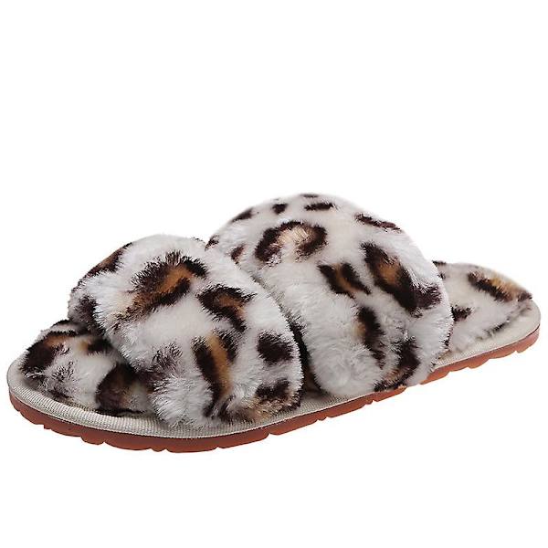 Damtofflor Flat Home Outdoor Casual Fur Tofflor Inomhus plysch tofflor Gul Leopard White 38