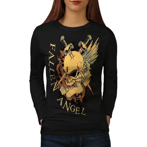 Fallen Angel War Skull Women Blacklong Sleeve T-shirt | Wellcoda M
