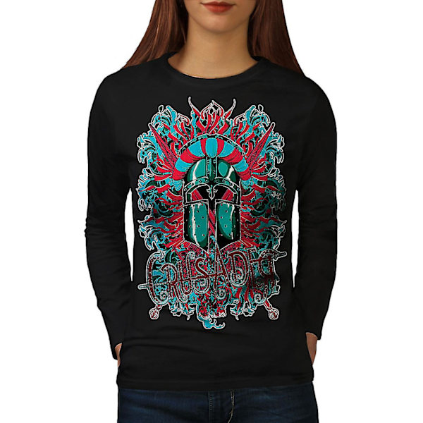 Crusader Knight Svart långärmad T-shirt för kvinnor | Wellcoda L