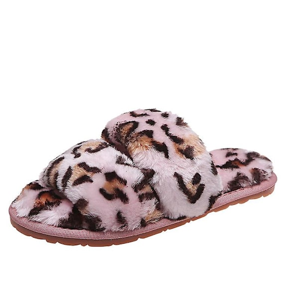 Damtofflor Flat Home Outdoor Casual Fur Tofflor Inomhus plysch tofflor Gul Leopard Pink 37