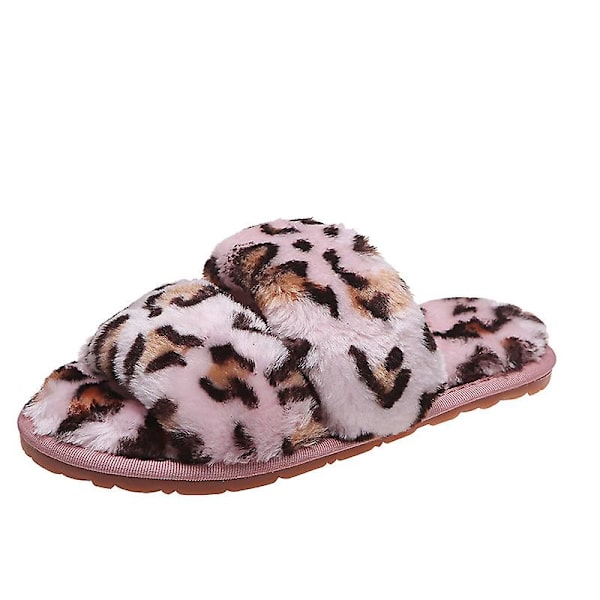 Damtofflor Flat Home Outdoor Casual Fur Tofflor Inomhus plysch tofflor Gul Leopard Pink 41