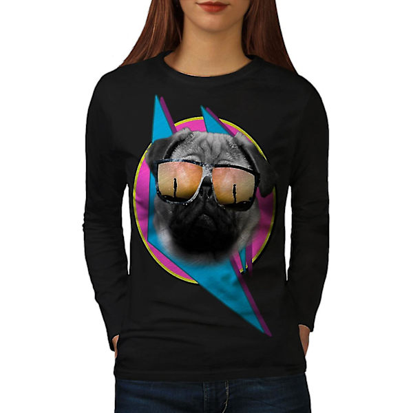 Coola Mops glasögon Söta kvinnor svart långärmad T-shirt XL
