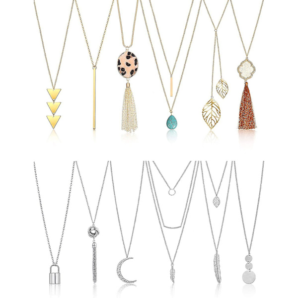 12 delar långa hänge halsband Set Y Tofs Leaf Circle Bar Halsband för kvinnor Polygon