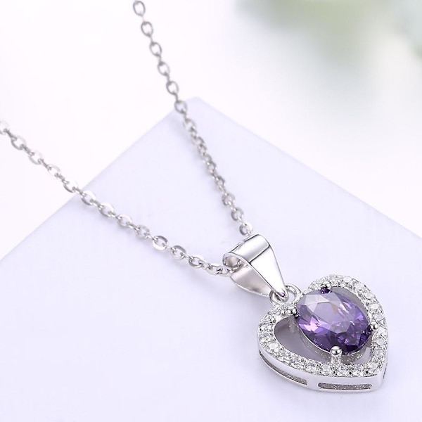 Sterling Silver Halsband Bright Crystal Collection Diamond Ametist Heart Pendan