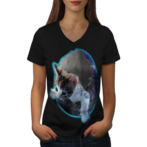 Kattunge i rymden Söt T-shirt för kvinnor L
