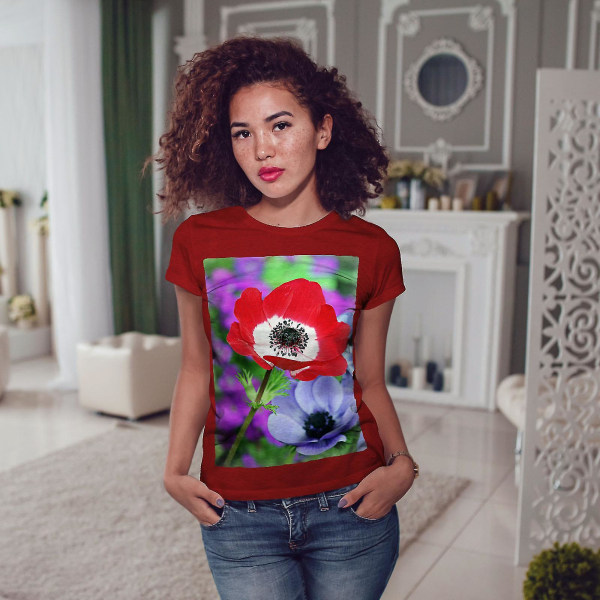 Flower Field Art Kvinnor Röd-skjorta XL