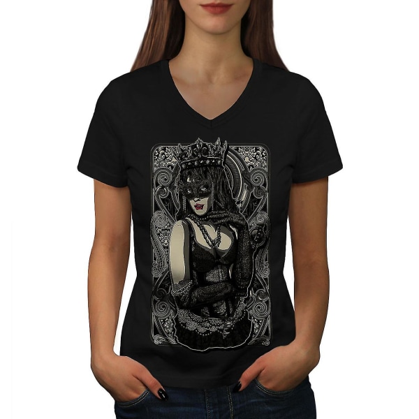 Girl Mask Queen Dam T-shirt med svart v-ringad hals L