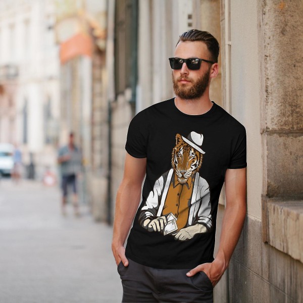 Tiger Poker Cool Gangster Men Blackt-shirt | Wellcoda L