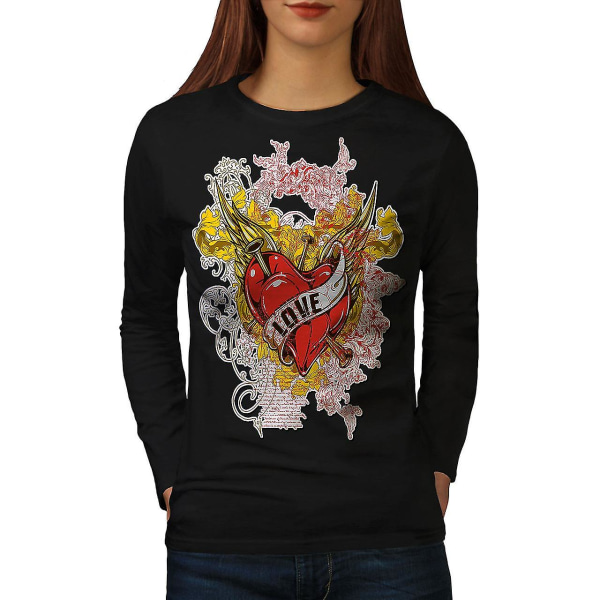 Love Rose Heart Women Blacklong Sleeve T-shirt XL