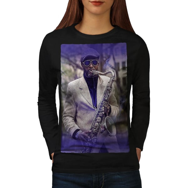Saxofonmusiker svart långärmad t-shirt för kvinnor M