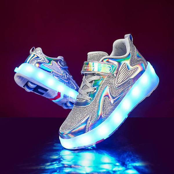 Barnsneakers Dubbelhjulsskor Led Light Shoes 118 Silver 30