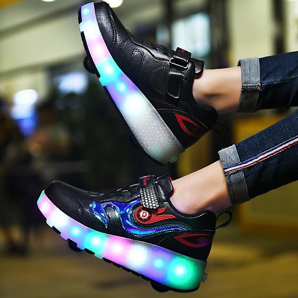 Barnsneakers Dubbelhjulsskor Pojkar Flickor Led Light Skor Fr916 Black1 34