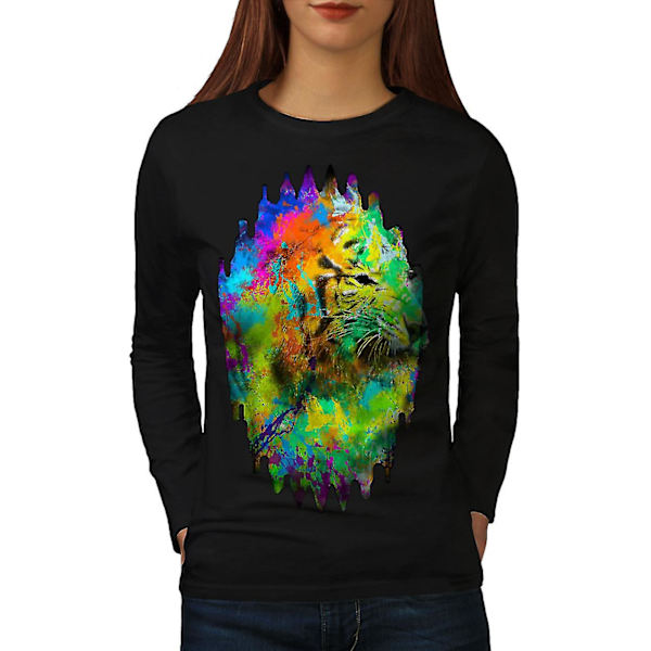 Tiger Face Head Art Svart långärmad T-shirt för kvinnor M
