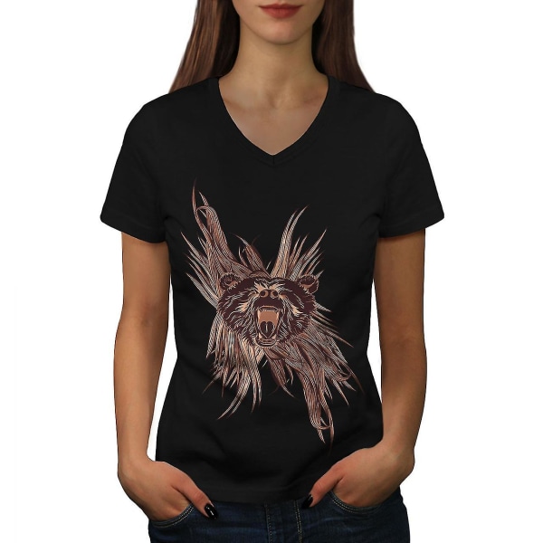 Wild Bear Head Animal Women Blackv-neck T-shirt 3XL