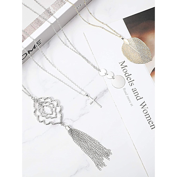 12 delar långa hänge halsband Set Y Tofs Leaf Circle Bar Halsband för kvinnor Round