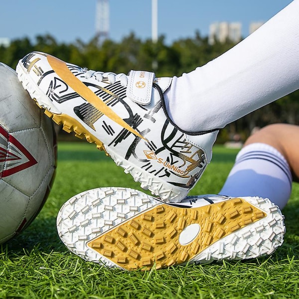 Fotbollsskor för barn Pojkar Flickor Fotbollsskor Grästräning Sport Skor Sneakers Yjx157 WhiteGold 34
