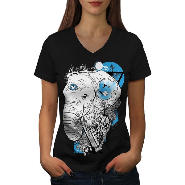 Elephant Wild Head Women Blackv-neck T-shirt L