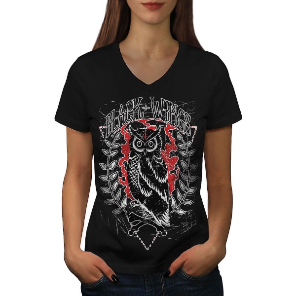 Wings Owl Nature Animal Women Blackv-neck T-shirt 3XL