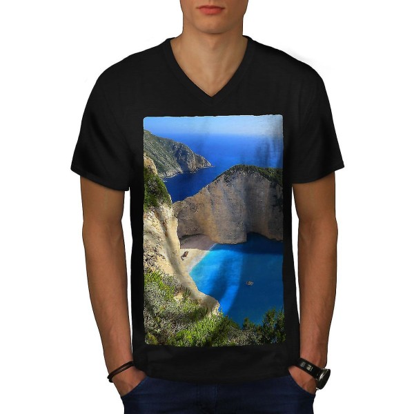 Cliff Ocean Water Men Svart T-shirt med v-ringad hals 3XL