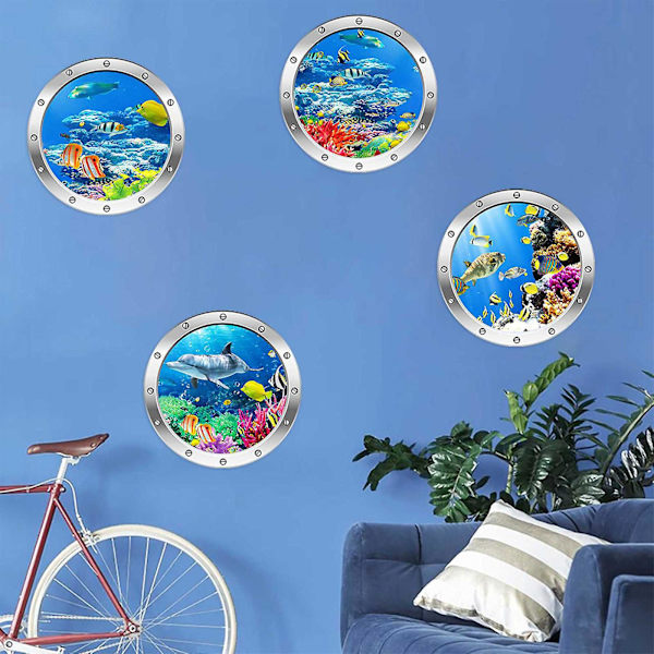 4 cps 3D-valokuvaus vedenalainen seinätarra Kylpyhuone Sea Life Animal Decal -vinyylijuliste, 100 % uusi F