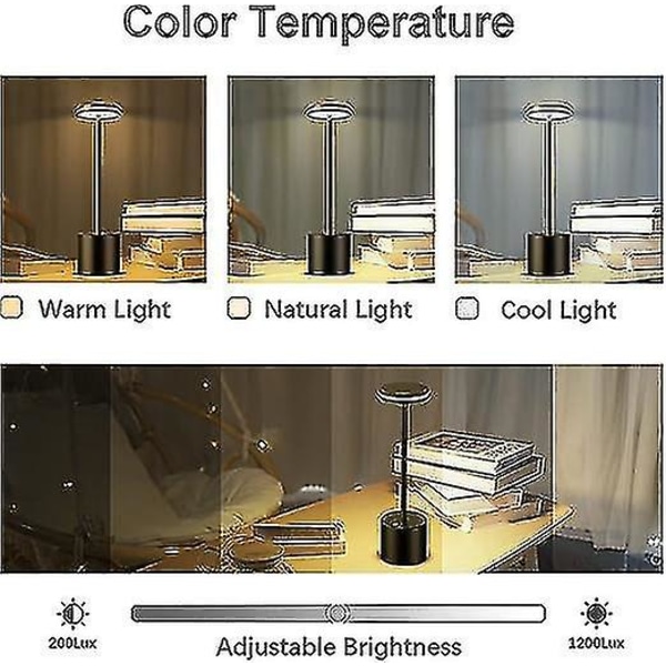 2-pack uppladdningsbar sladdlös led-bordslampa, 5000 mah batteridrivna bordslampor, 3 färglägen, dimbar, USB bordslampa för hem, middag, inomhus, O Black