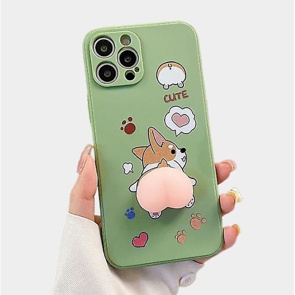 Söt 3D Cartoon Peach Corgi phone case för iPhone 14 Pro Max/13/12/11/SE/XR/XS/X/8Plus/7/6S Green iPhone11Pro Max