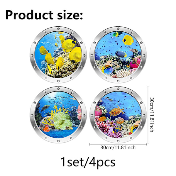 4 cps 3D-valokuvaus vedenalainen seinätarra Kylpyhuone Sea Life Animal Decal -vinyylijuliste, 100 % uusi E