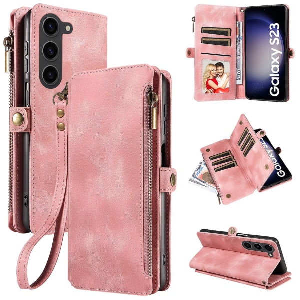 Lynlås pung etui til Samsung Galaxy S24 Ultra, Flip læder håndtaske telefoncover Galaxy S24 Ultra med kortholder og håndledsrem pink